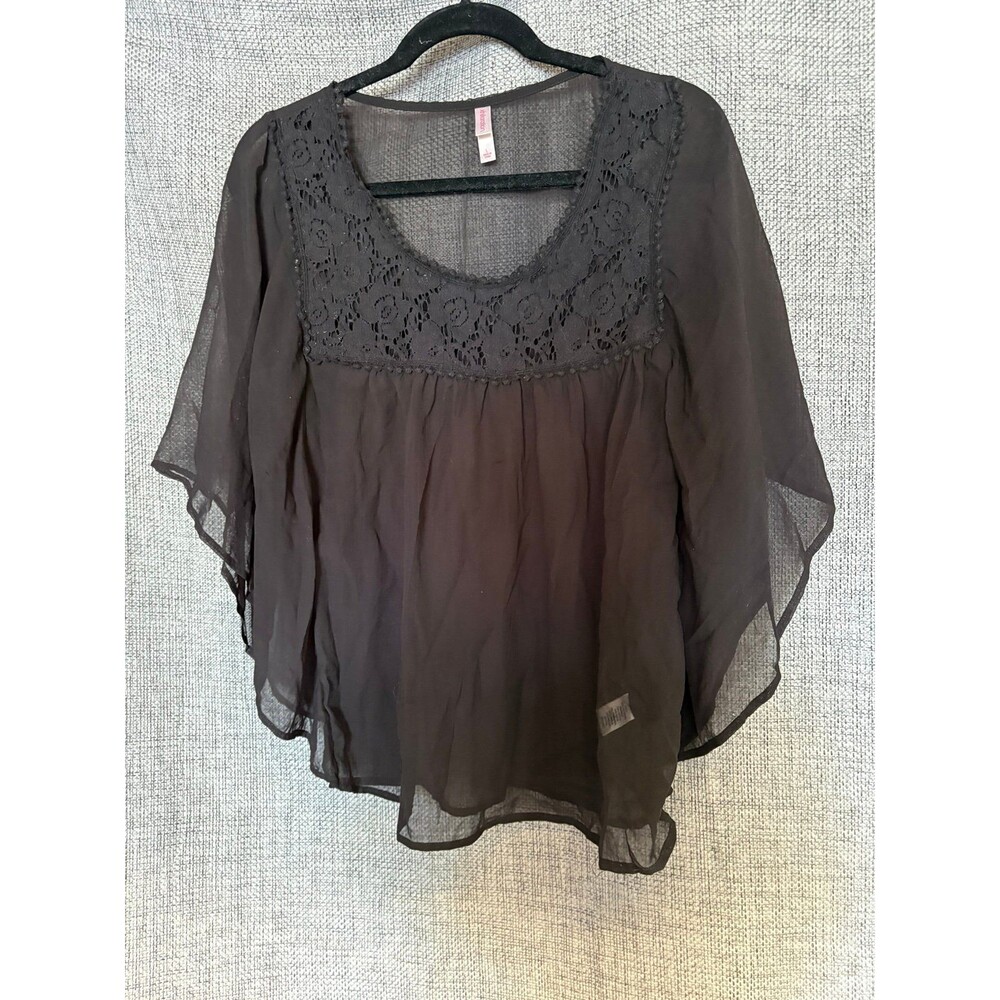 Xhilaration sheer chiffon blouse with a wide scoop neckline crochet lace
